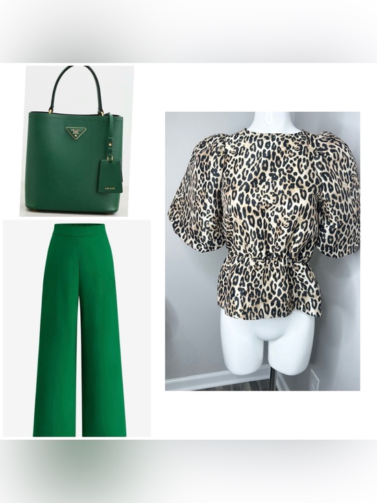 H&M Tops - H&M Leopard Print Puff-Sleeve Peplum Top - Beige Black- XS